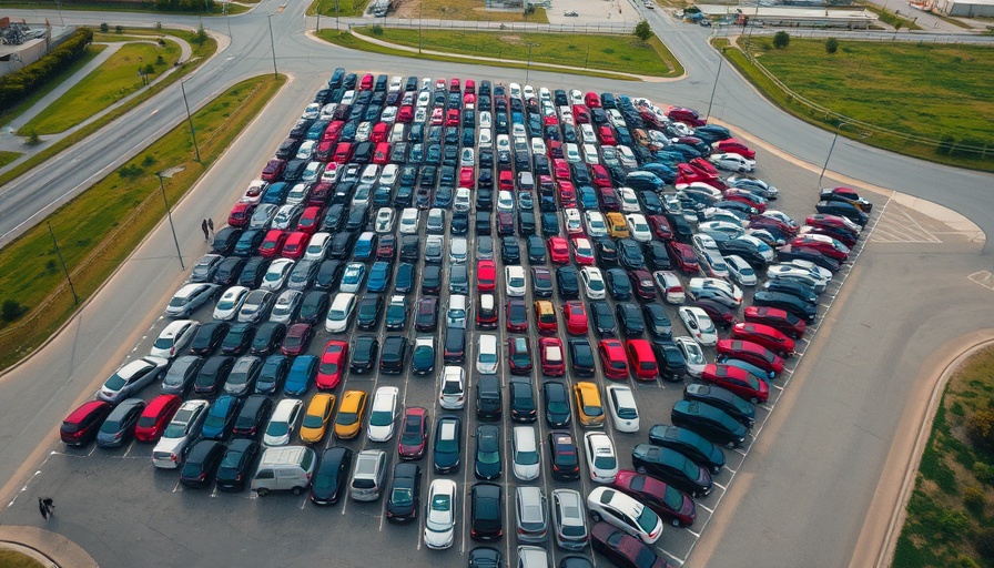 Aerial view of large parking lot with numerous parked cars, bright daylight.