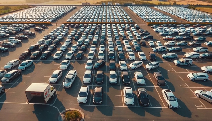 Aerial shot of a parking lot with rows of new cars next to a road.