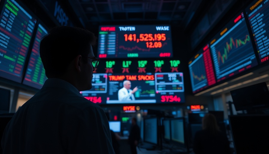 Stock trader silhouette with 'Trump tariffs tank stocks' news ticker.