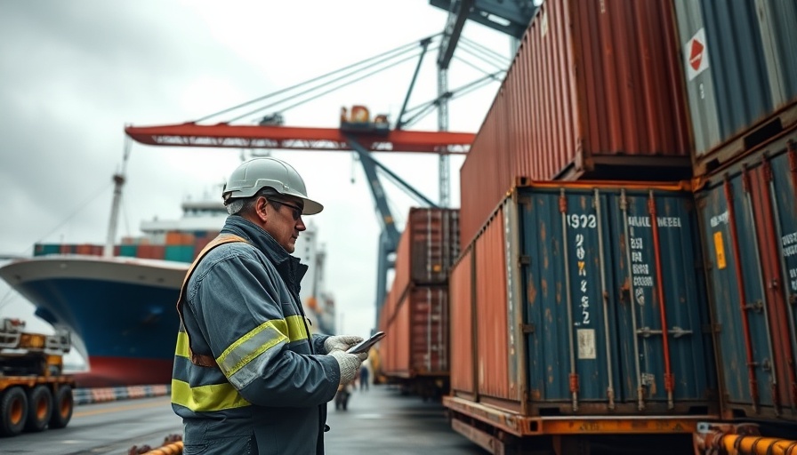 Dock worker inspecting cargo at industrial port, related to Falklands toothfish tariffs.