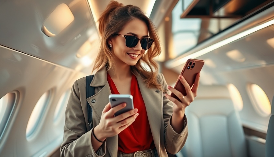 Stylish woman boarding private jet with phone, soft lighting