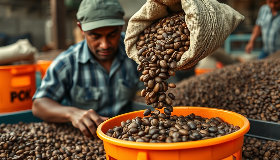 Raw coffee beans pouring, related to coffee tariffs and price increase.