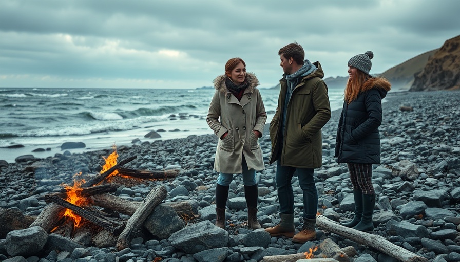 Scene from 'The Ballad of Wallis Island' with three people on a rocky beach.