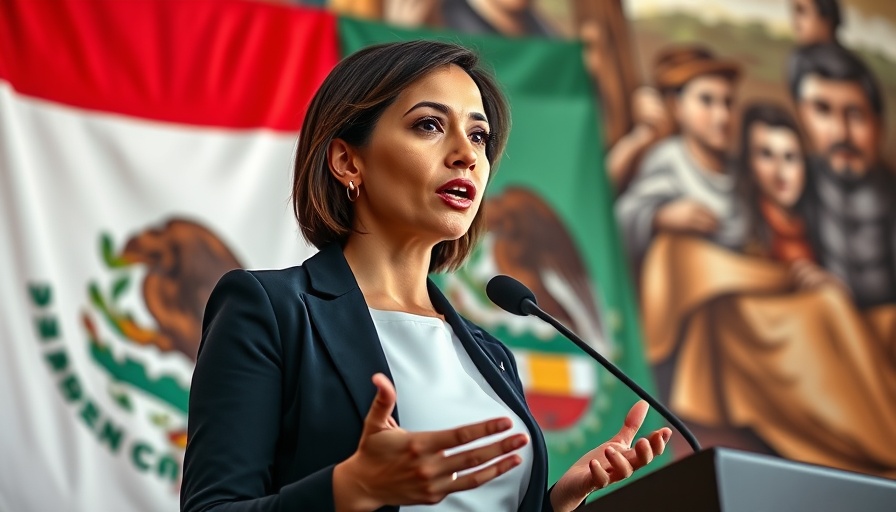 Confident speaker in front of Mexican flag and mural, discussing Mexico Exempt From Tariffs.