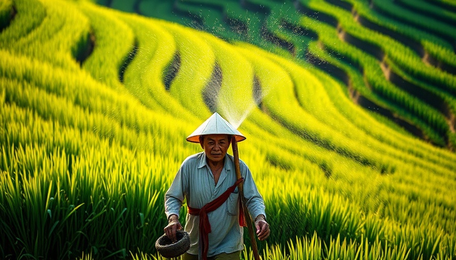 Asian farmer irrigating terraced fields amid global soil moisture decline.
