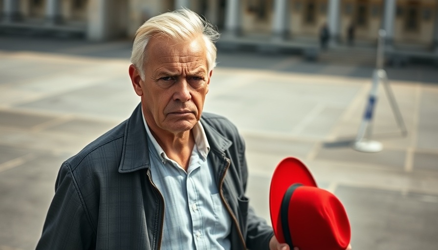 Serious older man walking on concrete holding red hat, daylight setting.
