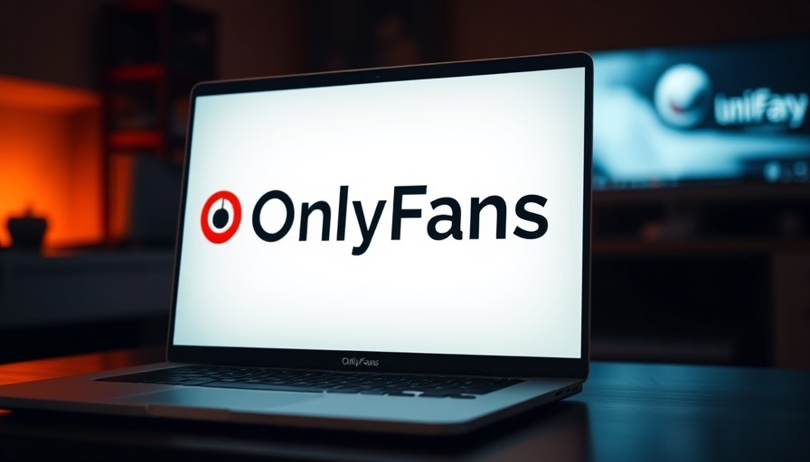 OnlyFans logo on laptop screen in dim room, tech industry trends.