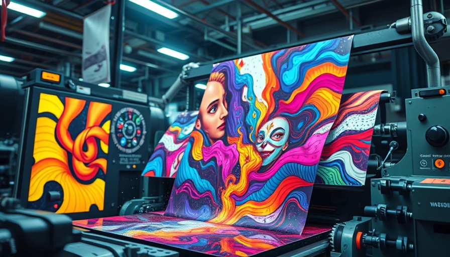 Abstract AI-generated images from futuristic printing press, Midjourney V7.