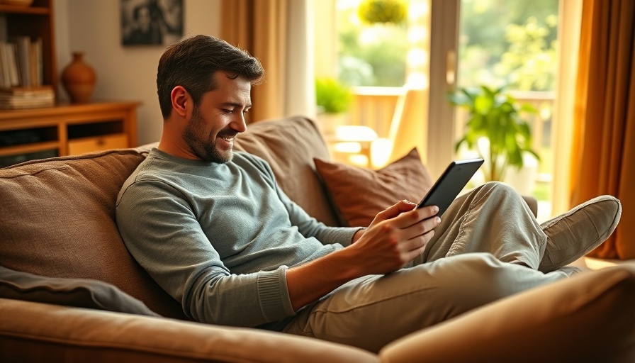 Person on couch using tablet for IRS Form 1040 in sunlit room.