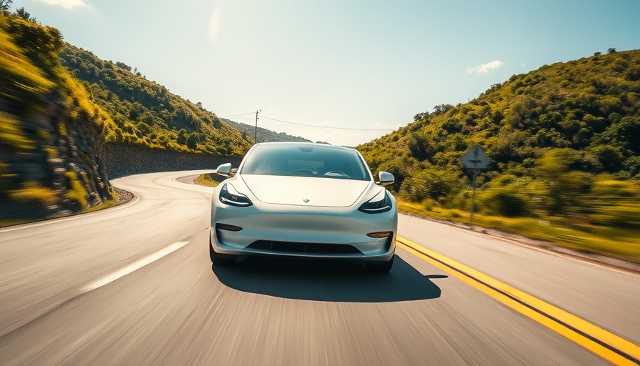 White electric car on scenic road highlighting Tesla brand issues discount EV offers.
