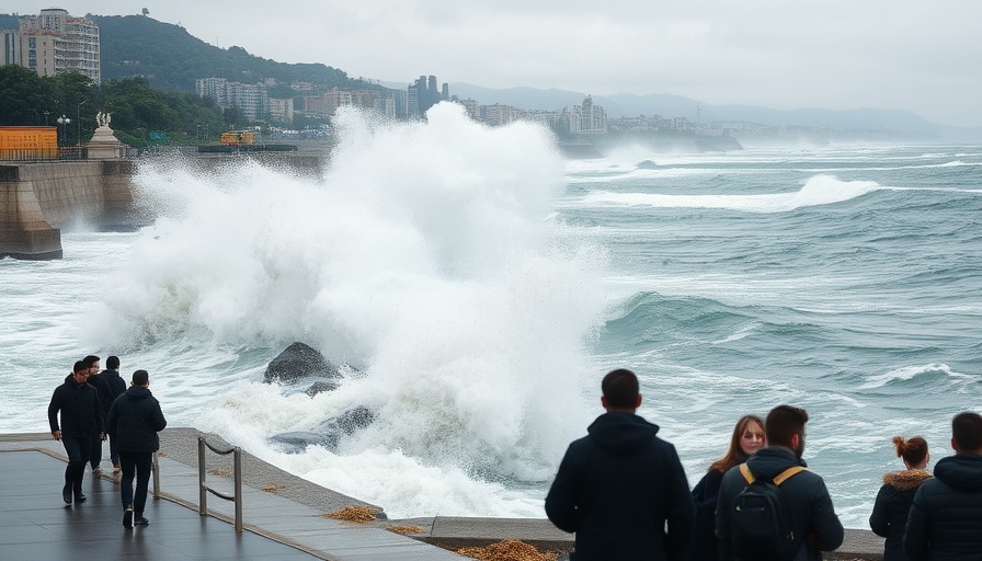 Powerful sea waves hitting the seawall, climate change challenges in Southeast Asia.