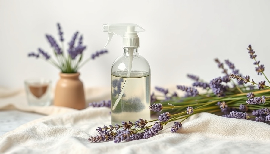 DIY all-purpose cleaner with lavender and alcohol in a spray bottle next to lavender flowers.