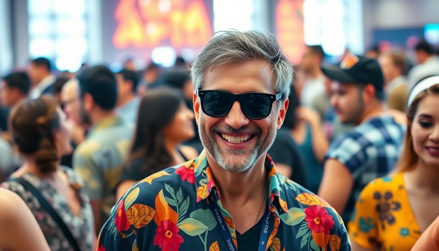 Casual man with sunglasses in a lively crowd at an event.