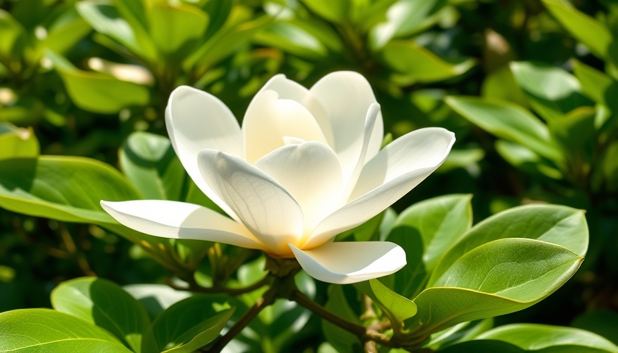 Beautiful white magnolia bloom in a sunny garden with green leaves.
