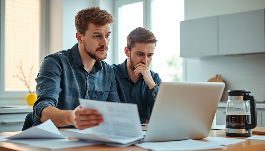 Concerned couple reviewing finances in modern kitchen.