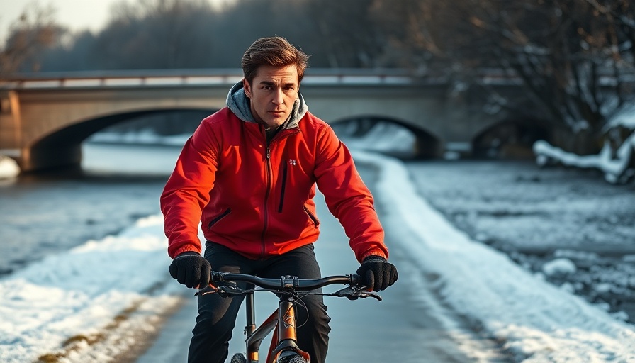 Cyclist in Fort Collins exploring a snowy riverside path, picturesque view.
