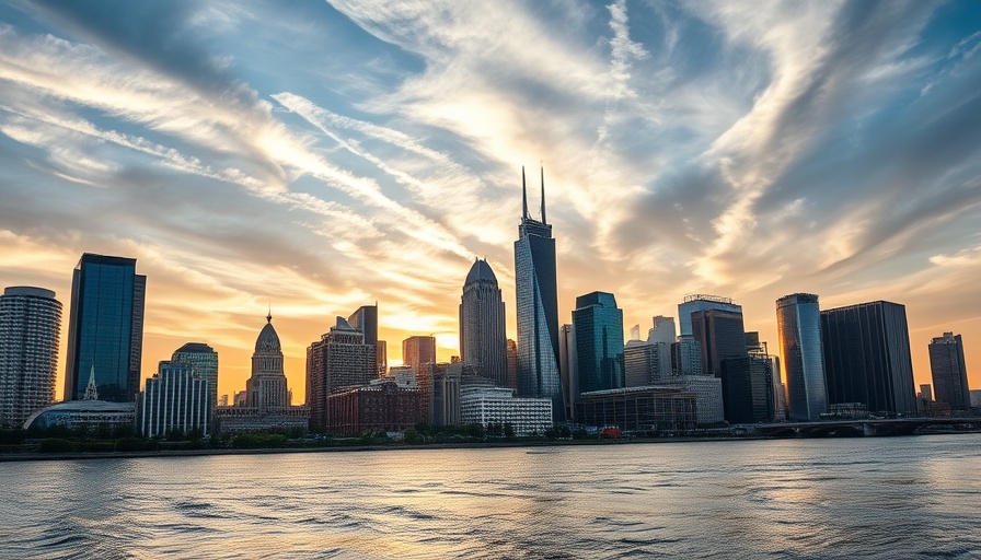 Detroit MI known for its iconic skyline at sunset.