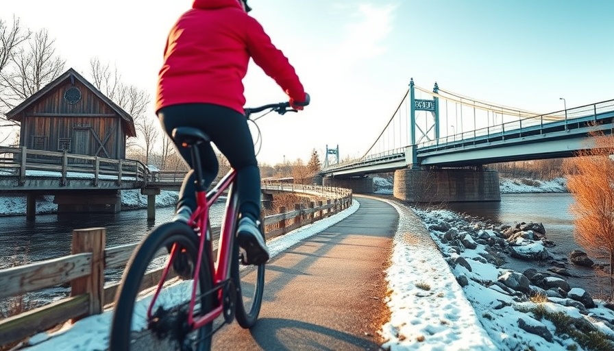 Cyclist by the river in Fort Collins at sunset, showcasing beautiful local scenery.