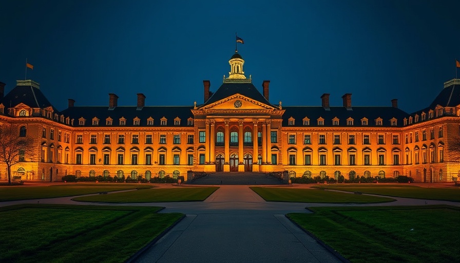Historic building in Blacksburg, VA illuminated at night.