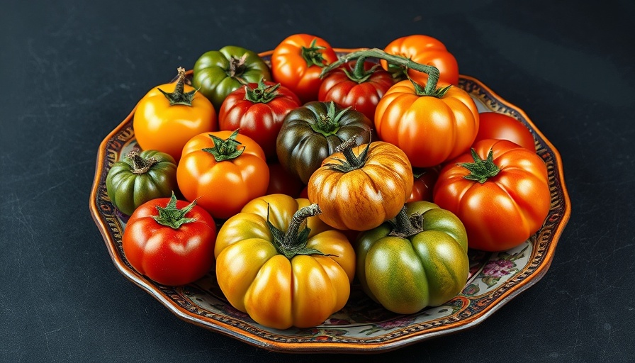 Heirloom tomatoes on a decorative plate at popular tomato market Marin.