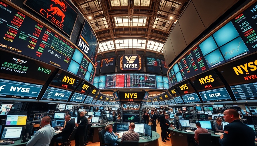 Busy stock exchange floor with trading stations and activity.