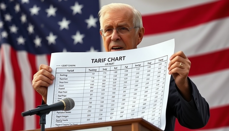 Speaker with tariff chart at podium against American flag backdrop.
