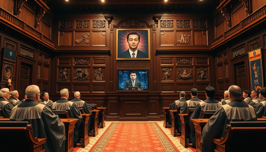 AI avatar in court: Judges with ornate decor and digital screen.