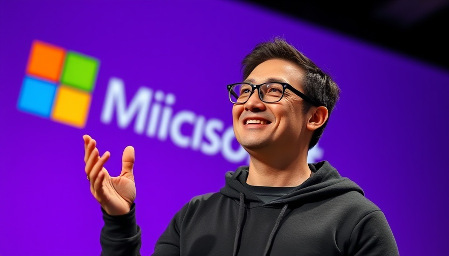 Smiling man at Microsoft presentation amid tariffs, vibrant purple backdrop.