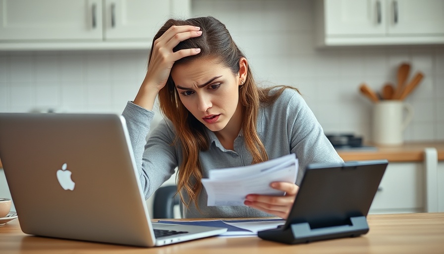 Stressed woman reviewing bills in kitchen, illustrating Trump tariffs increase cost of building a new home.