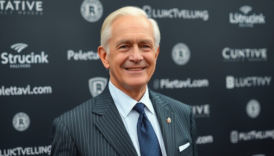 Elderly man at event with branding, smiling in pinstripe suit.