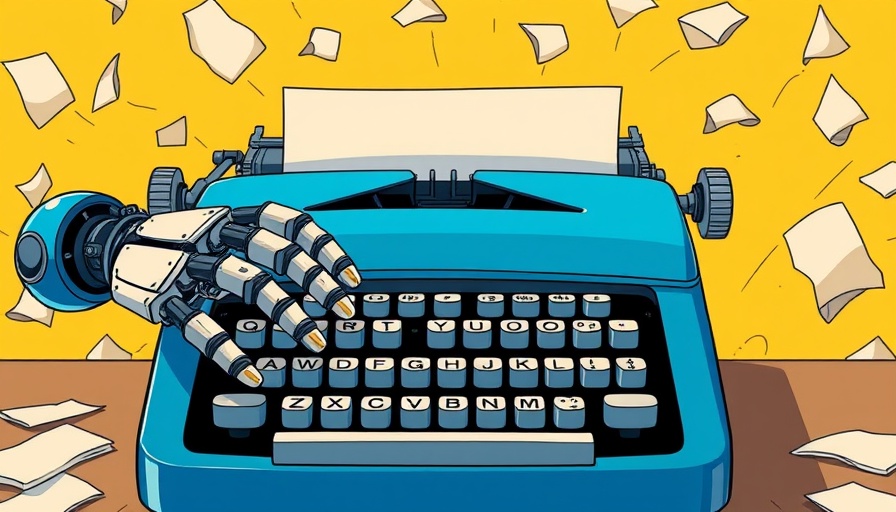 Futuristic robotic hands typing on a typewriter with yellow background