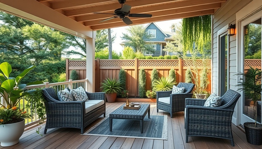 Ultimate Backyard Deck Makeover with elegant wicker furniture and greenery.