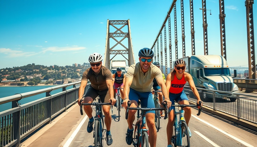 Cyclists on Richmond-San Rafael Bridge bike path with truck passing, dynamic scene.