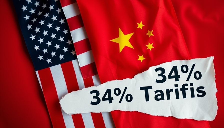Flags of US and China with 34% tariff text overlay.