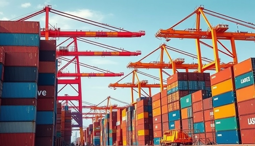 Busy shipping port with stacked containers and cranes under clear sky.
