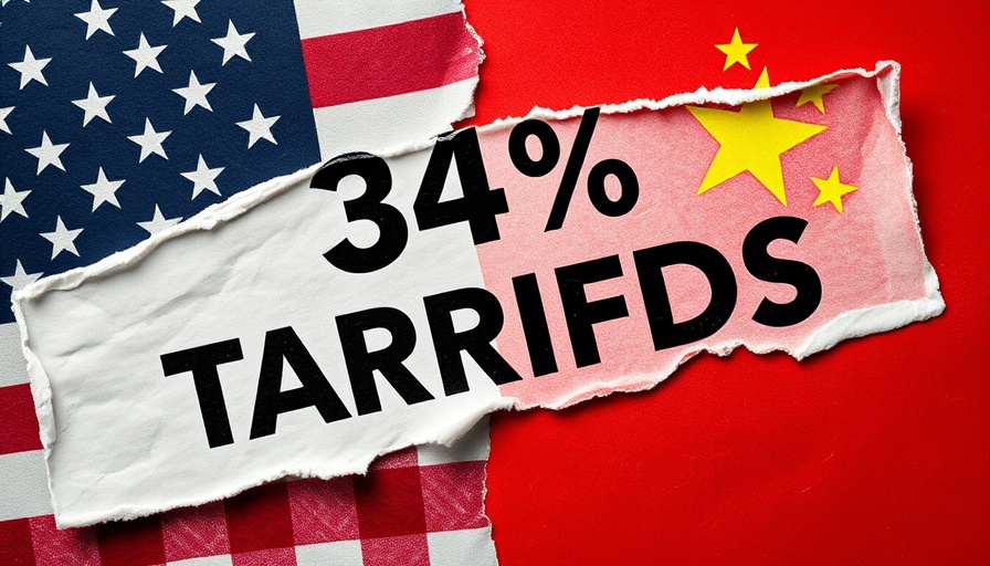 Torn paper with 34% tariffs indicating economic tension on US and China flags.