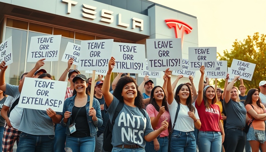 Protestors with anti-Elon signs near Tesla, peaceful demonstration.