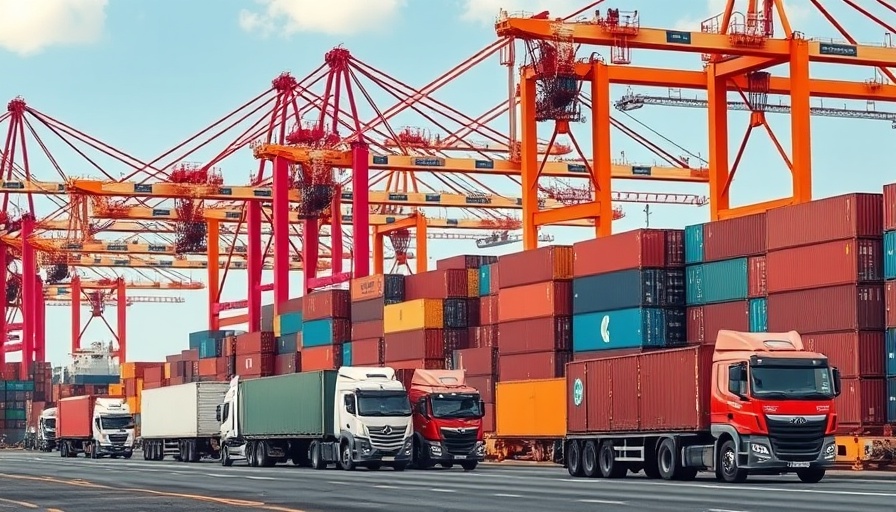 Stock market news: Cargo shipping port with stacked containers.