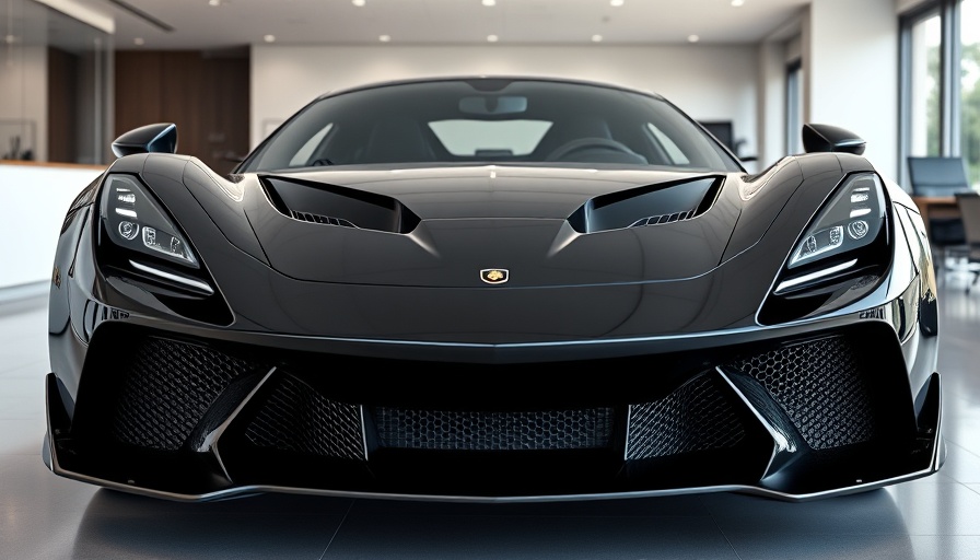 Sleek black sports car in a modern showroom.