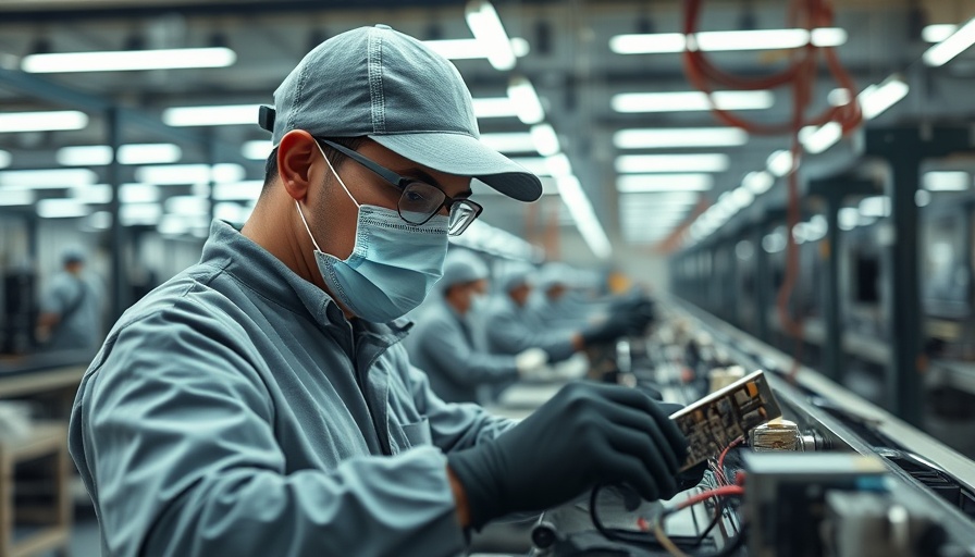 Factory workers assembling electronics in response to Corporate America tariffs.