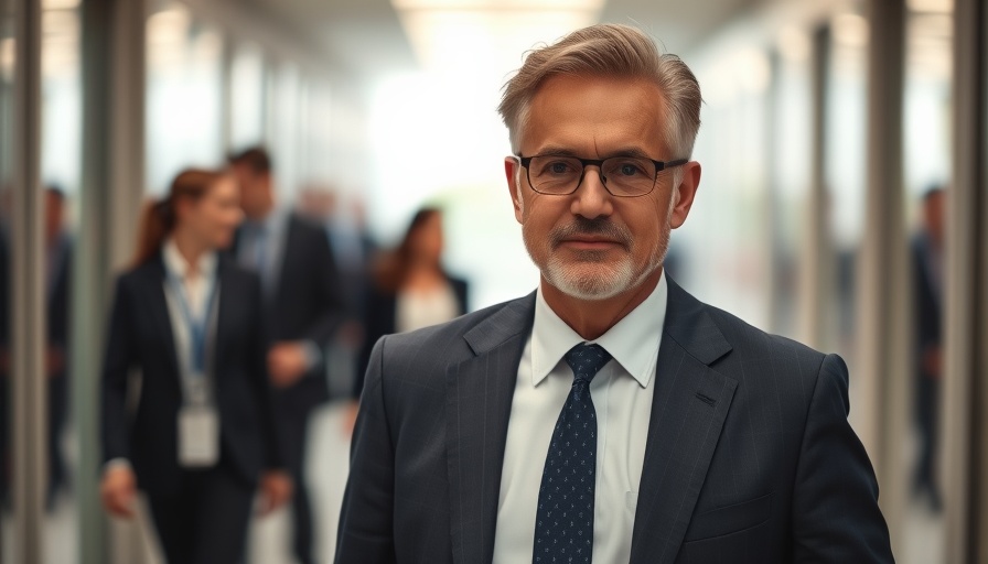 Middle-aged man confidently walking in bright hallway.
