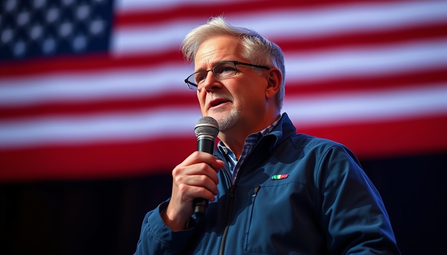 Man speaking on stage with American flag background, zero-tariff free trade zone theme.