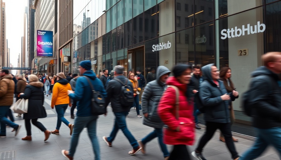 Pedestrians reflected on glass with StubHub sign, busy city scene.