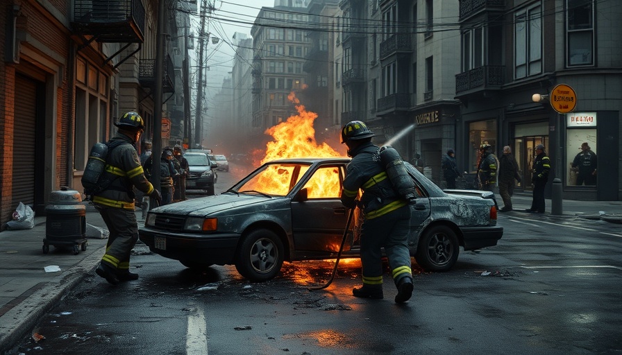 Firefighters extinguishing a burned car in Ukraine, aftermath of conflict scene.