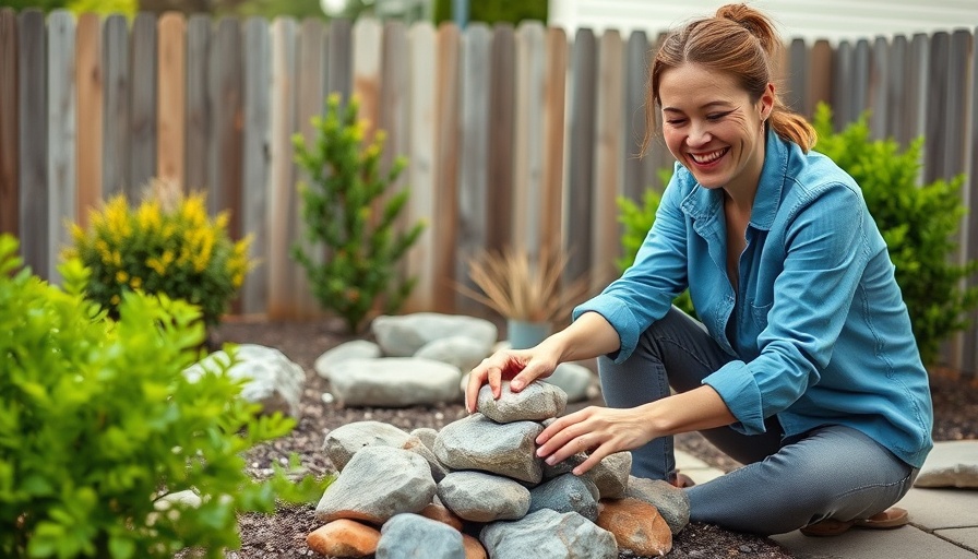 Smiling woman landscaping with rocks, placing stones in garden.