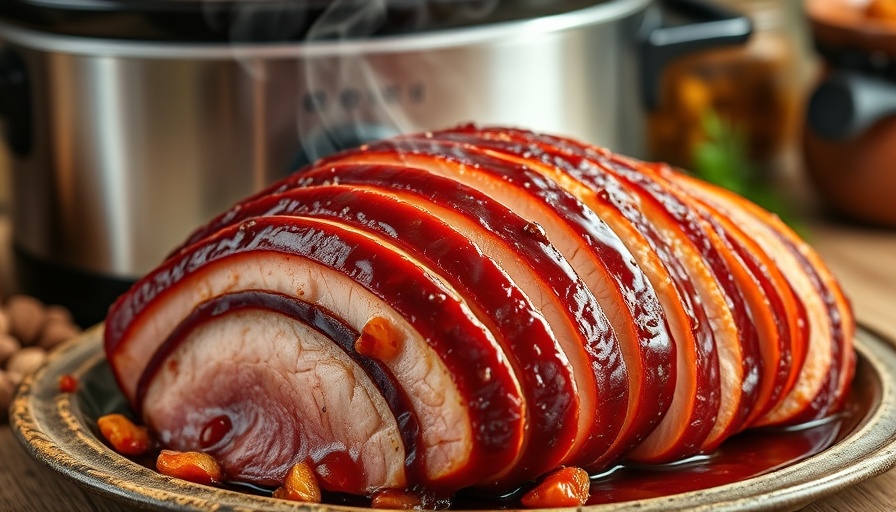Perfectly glazed crock pot ham with steam rising in a kitchen setting.