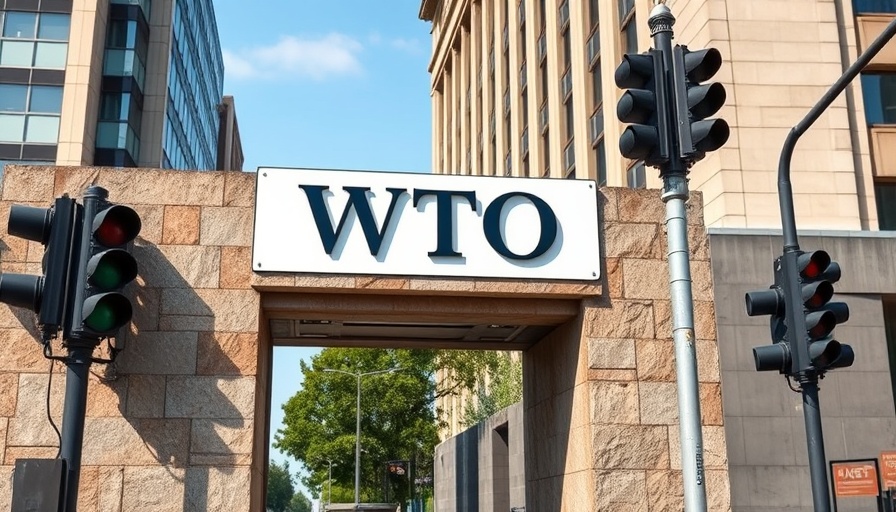 WTO symbol and traffic light near the WTO entrance in an urban setting.