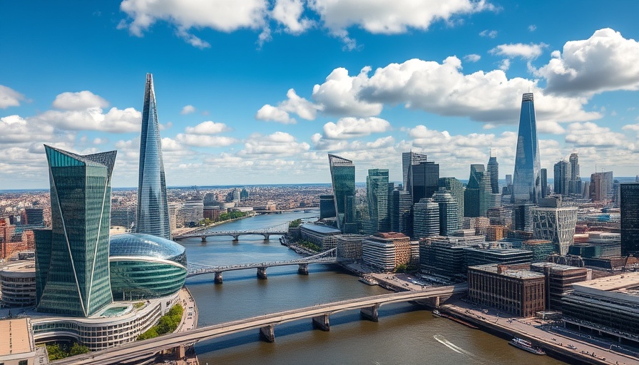 Aerial view of London's skyline and Thames River, capturing urban vibrancy.