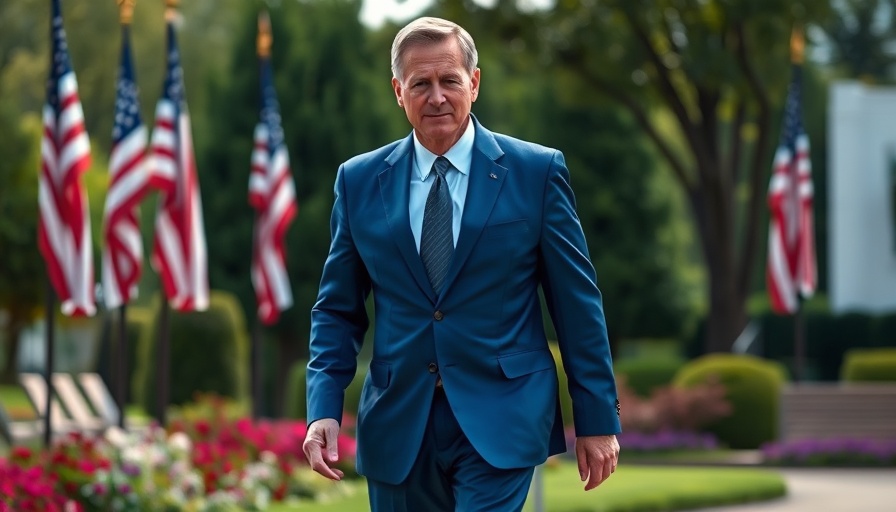 Wall Street tariffs impact: Businessman in blue suit outdoors with flags.