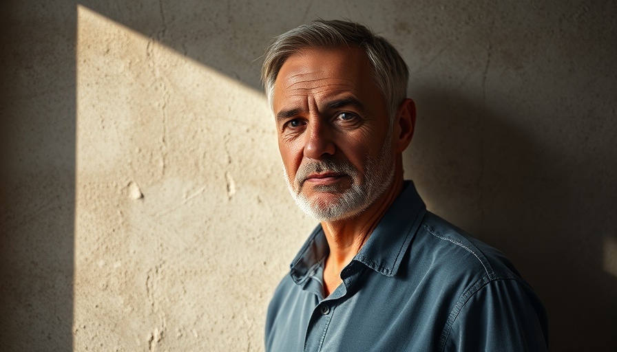 Middle-aged man with serene look against shadowed wall, reflecting Tamil culture documentary theme.